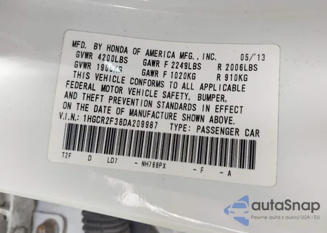 2013 Honda Accord Lx z USA, uszkodzony, nr VIN 1HGCR2F38DA209987